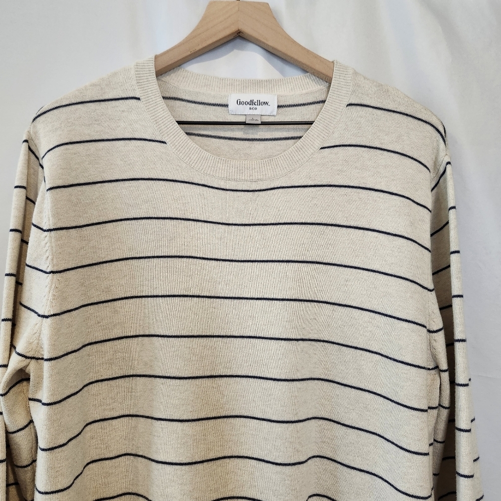 Goodfellow & Co. Men's Crewneck Sweater Size L Tan Navy Stripe Coastal Prep - Picture 3 of 8
